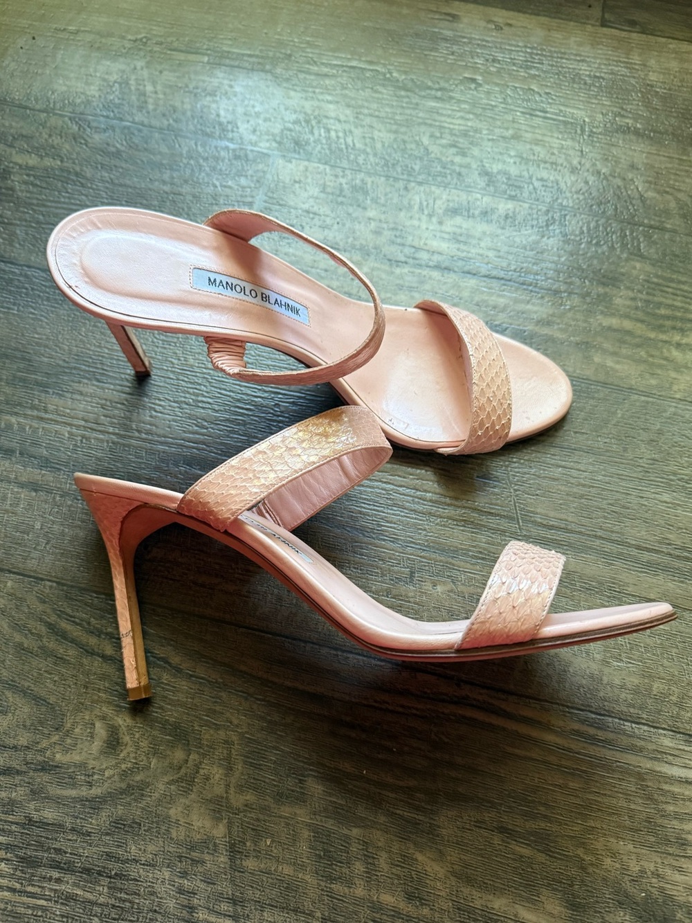 Manolo Blahnik Strappy Blush Snake Sandals 41